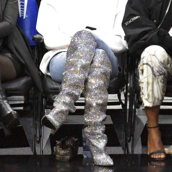 RHINESTONE EMBELLISHED CONE HEEL SLOUCHY BOOTS - Picture 4 of 12